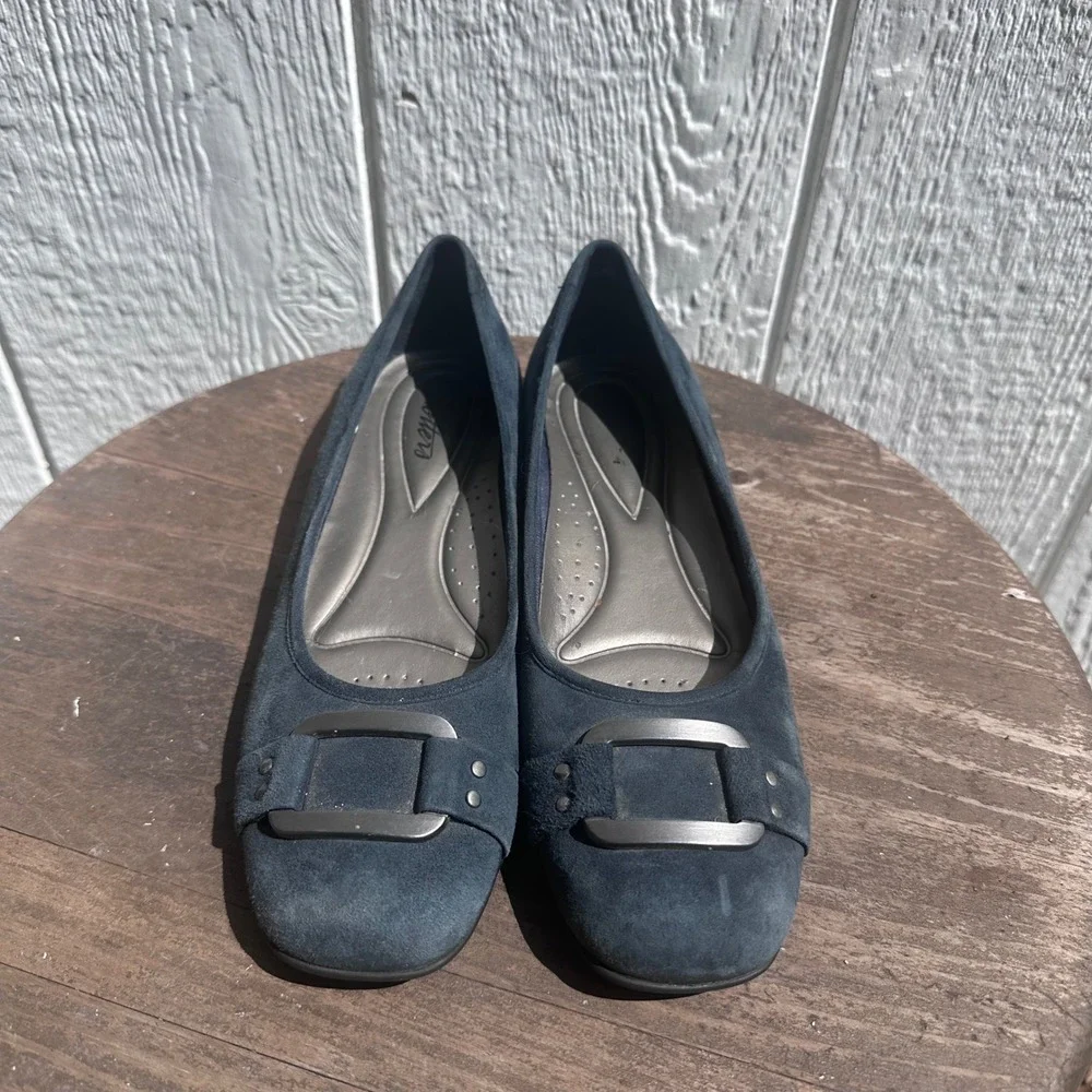 Trotters Ballet Flats Navy Blue Suede Square Toe Buckle Comfort Shoes 8.5 SS